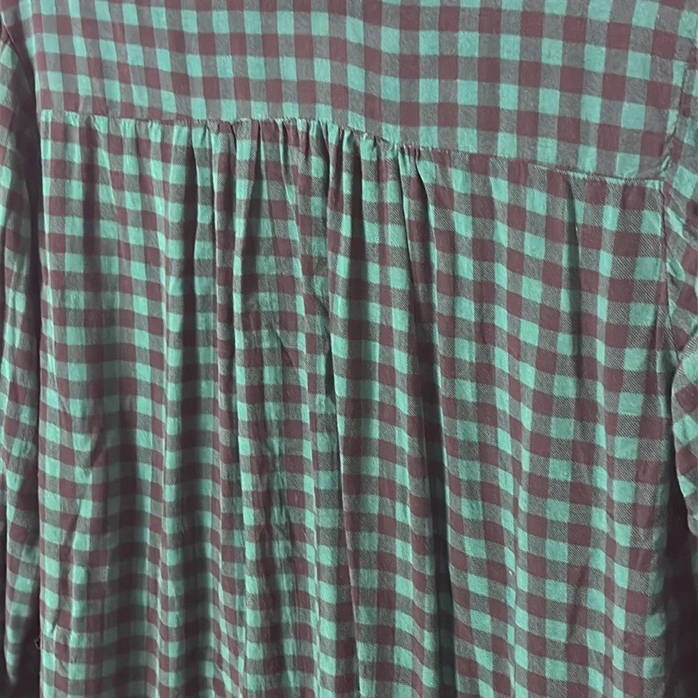 MEAKEOR lightweight flowy Green Checkered Womens vneck blouse sleeve tab size XL - Picture 10 of 12